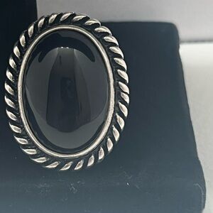 Black Onyx Oval Ring —Estate Find — Beautiful Design— with twisted silver border